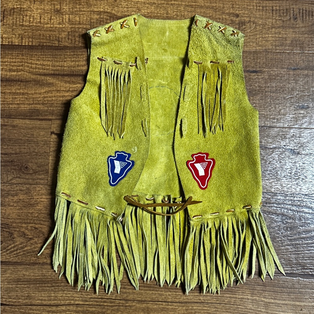 Vintage (1970’s) ~ YMCA Indian Guides Patches ~ Yellow Suede Leather Fringe Vest